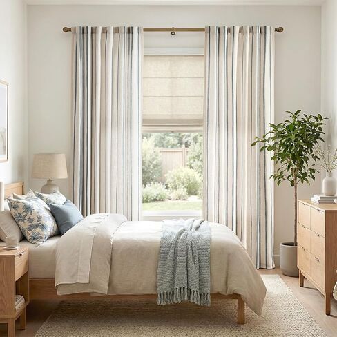 jinchan Linen Curtains for Living Room Striped Curtains Blue on Beige Thick Textured Light Filtering Drapes Bedroom Dining Room Coastal Rustic Farmhouse Cottage Core Style 2 Panels 84 Inches Back Tab in Saudi Arabia