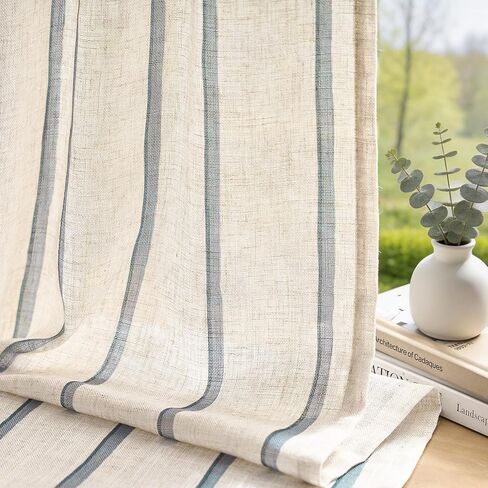 jinchan Linen Curtains for Living Room Striped Curtains Blue on Beige Thick Textured Light Filtering Drapes Bedroom Dining Room Coastal Rustic Farmhouse Cottage Core Style 2 Panels 84 Inches Back Tab in Saudi Arabia