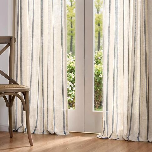 jinchan Linen Curtains for Living Room Striped Curtains Blue on Beige Thick Textured Light Filtering Drapes Bedroom Dining Room Coastal Rustic Farmhouse Cottage Core Style 2 Panels 84 Inches Back Tab in Saudi Arabia