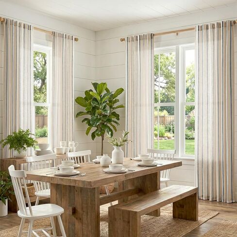 jinchan Linen Curtains for Living Room Striped Curtains Blue on Beige Thick Textured Light Filtering Drapes Bedroom Dining Room Coastal Rustic Farmhouse Cottage Core Style 2 Panels 84 Inches Back Tab in Saudi Arabia