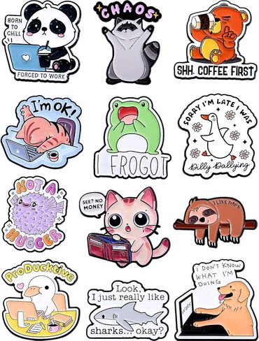 Funny Animal Enamel Lapel Pin Set, 12 Pack Metal Badges with Snarky Quotes, Cute Collectible for Backpack, Jacket, Hat, Office Gift in Kuwait