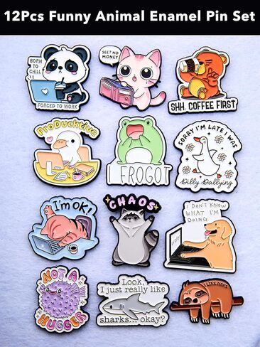 Funny Animal Enamel Lapel Pin Set, 12 Pack Metal Badges with Snarky Quotes, Cute Collectible for Backpack, Jacket, Hat, Office Gift in Kuwait