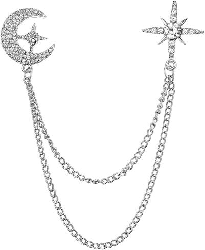 Rhinestone Moon Star Brooch for Women, Silver Crystal Chain Lapel Pin Vintage Sweater Dress Hat Suit Accessories Jewelry Gift in Saudi Arabia