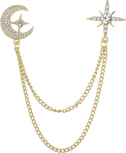 Rhinestone Moon Star Brooch for Women, Silver Crystal Chain Lapel Pin Vintage Sweater Dress Hat Suit Accessories Jewelry Gift in Saudi Arabia