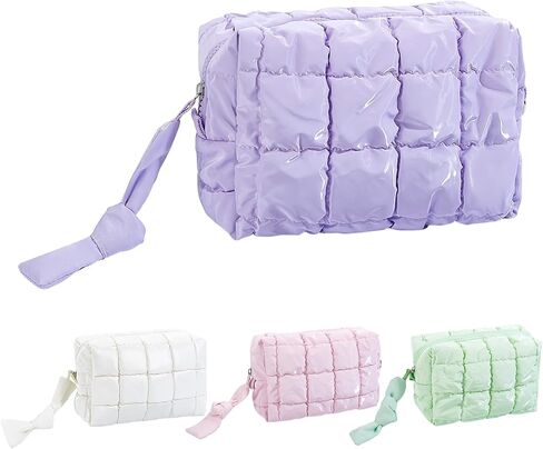 4Pcs Puffer Quilted Makeup Bag, Cute Checkered Zipper Bag Cosmetic Bags Puffy Travel Toiletry Pouch Make up Pouch for Women Travel Essentials Work Daily, Macaron Colors in Kuwait