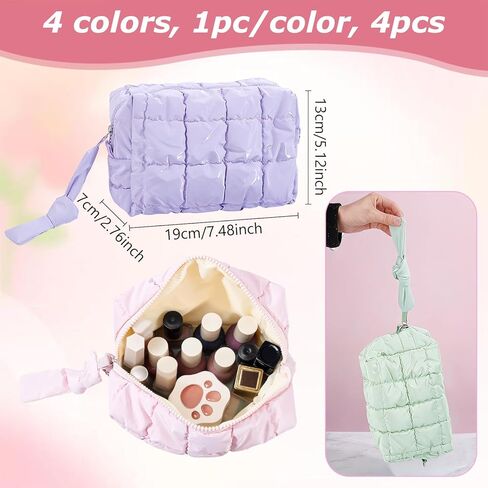 4Pcs Puffer Quilted Makeup Bag, Cute Checkered Zipper Bag Cosmetic Bags Puffy Travel Toiletry Pouch Make up Pouch for Women Travel Essentials Work Daily, Macaron Colors in Kuwait