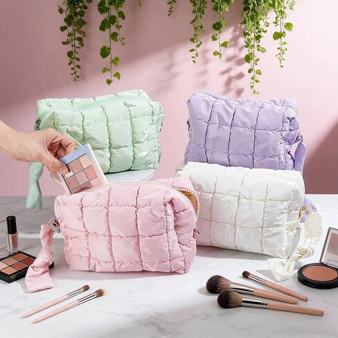 4Pcs Puffer Quilted Makeup Bag, Cute Checkered Zipper Bag Cosmetic Bags Puffy Travel Toiletry Pouch Make up Pouch for Women Travel Essentials Work Daily, Macaron Colors in Kuwait