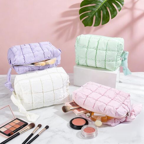 4Pcs Puffer Quilted Makeup Bag, Cute Checkered Zipper Bag Cosmetic Bags Puffy Travel Toiletry Pouch Make up Pouch for Women Travel Essentials Work Daily, Macaron Colors in Kuwait