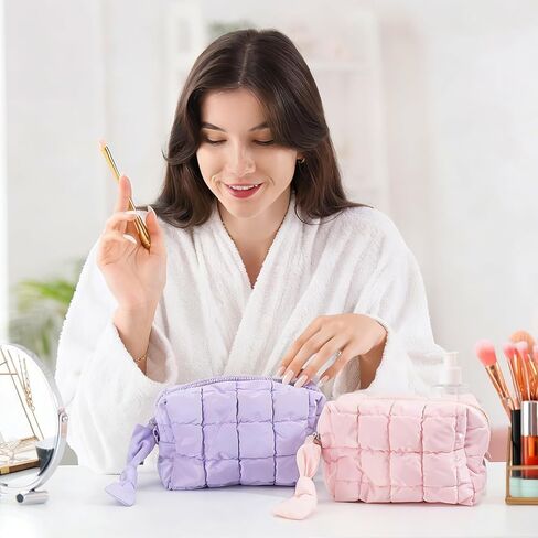4Pcs Puffer Quilted Makeup Bag, Cute Checkered Zipper Bag Cosmetic Bags Puffy Travel Toiletry Pouch Make up Pouch for Women Travel Essentials Work Daily, Macaron Colors in Kuwait