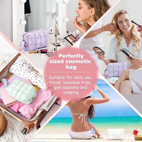 4Pcs Puffer Quilted Makeup Bag, Cute Checkered Zipper Bag Cosmetic Bags Puffy Travel Toiletry Pouch Make up Pouch for Women Travel Essentials Work Daily, Macaron Colors in Kuwait