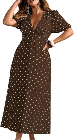 Milumia Women's Plus Size Polka Dots Maxi Dress V Neck Puff Short Sleeve A Line Long Dresses in Saudi Arabia