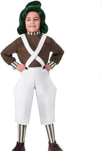 Kids Oompa Costume Tops Straps Pants Stockings Chocolate Stripe Worker Uniform Set Halloween Cosplay Outfits in Kuwait
