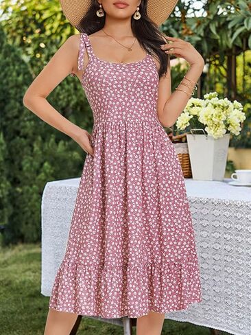 HUHOT Women's 2026 Summer Spring Sundress Elegant Floral Bow Straps Dress with Pockets Elastic Waist Midi Dresses in Saudi Arabia