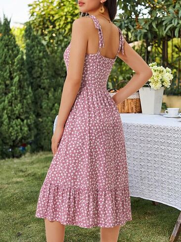 HUHOT Women's 2026 Summer Spring Sundress Elegant Floral Bow Straps Dress with Pockets Elastic Waist Midi Dresses in Saudi Arabia
