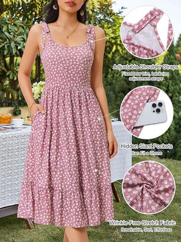 HUHOT Women's 2026 Summer Spring Sundress Elegant Floral Bow Straps Dress with Pockets Elastic Waist Midi Dresses in Saudi Arabia