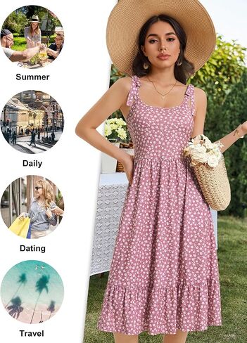 HUHOT Women's 2026 Summer Spring Sundress Elegant Floral Bow Straps Dress with Pockets Elastic Waist Midi Dresses in Saudi Arabia
