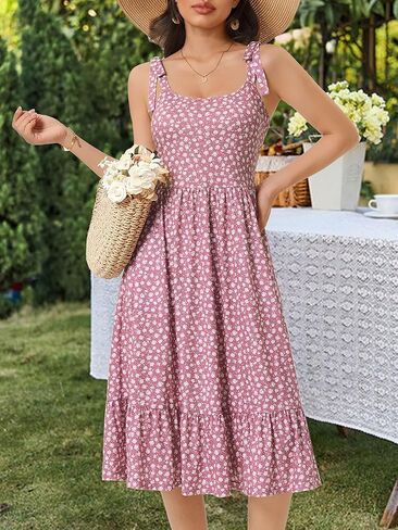 HUHOT Women's 2026 Summer Spring Sundress Elegant Floral Bow Straps Dress with Pockets Elastic Waist Midi Dresses in Saudi Arabia