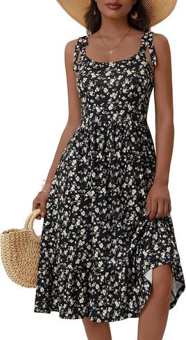 HUHOT المرأة 2026 الصيف الربيع فستان الشمس الأنيق الأزهار القوس الأشرطة مع جيوب مرونة الخصر فساتين متوسطة الطول in Kuwait