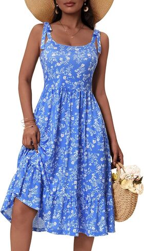 HUHOT Women's 2026 Summer Spring Sundress Elegant Floral Bow Straps Dress with Pockets Elastic Waist Midi Dresses in Saudi Arabia