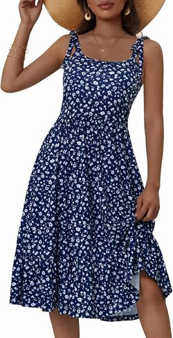 HUHOT Women's 2026 Summer Spring Sundress Elegant Floral Bow Straps Dress with Pockets Elastic Waist Midi Dresses in Saudi Arabia