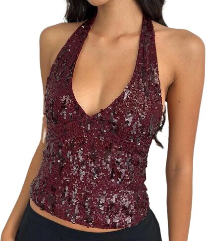 Franhais Womens Y2k Sequin Halter Top Sleeveless Deep V Neck Crop Top Sexy Backless Slim Glitter Vest Party Sparkly Tank Top in Saudi Arabia
