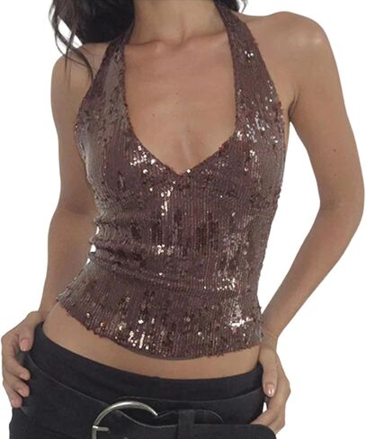 Franhais Womens Y2k Sequin Halter Top Sleeveless Deep V Neck Crop Top Sexy Backless Slim Glitter Vest Party Sparkly Tank Top in Saudi Arabia