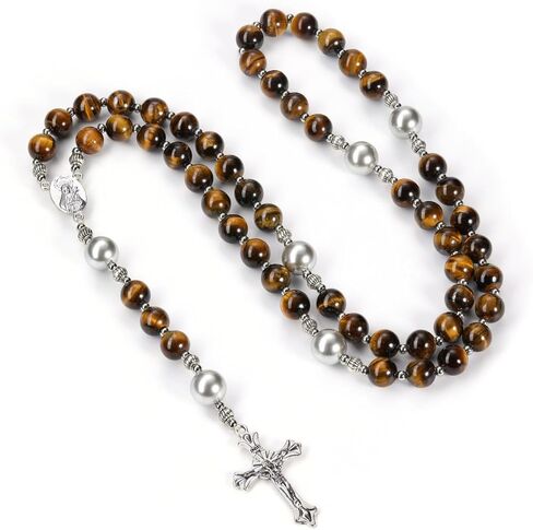 PESOENTH Mens Silver Cross Rosary Tigers Eye Christian Prayer Beads Crystal Necklace for Men Rosaries Catholic Christian Spiritual Jewelry Gifts for Men,Religious Rosary Beads Crucifix Necklace in Saudi Arabia