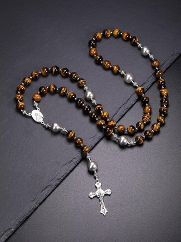 PESOENTH Mens Silver Cross Rosary Tigers Eye Christian Prayer Beads Crystal Necklace for Men Rosaries Catholic Christian Spiritual Jewelry Gifts for Men,Religious Rosary Beads Crucifix Necklace in Saudi Arabia