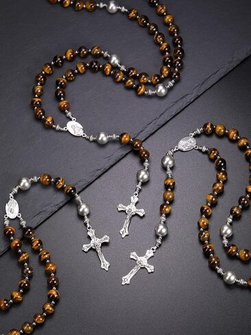PESOENTH Mens Silver Cross Rosary Tigers Eye Christian Prayer Beads Crystal Necklace for Men Rosaries Catholic Christian Spiritual Jewelry Gifts for Men,Religious Rosary Beads Crucifix Necklace in Saudi Arabia