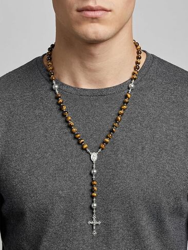 PESOENTH Mens Silver Cross Rosary Tigers Eye Christian Prayer Beads Crystal Necklace for Men Rosaries Catholic Christian Spiritual Jewelry Gifts for Men,Religious Rosary Beads Crucifix Necklace in Saudi Arabia