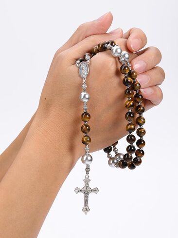 PESOENTH Mens Silver Cross Rosary Tigers Eye Christian Prayer Beads Crystal Necklace for Men Rosaries Catholic Christian Spiritual Jewelry Gifts for Men,Religious Rosary Beads Crucifix Necklace in Saudi Arabia