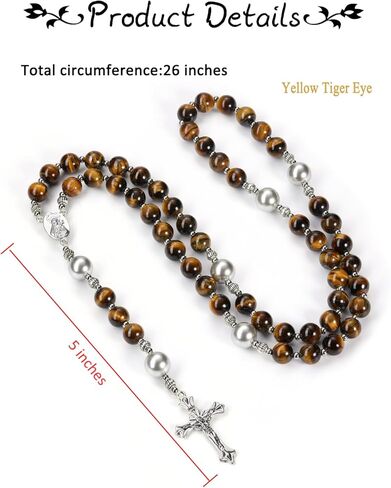 PESOENTH Mens Silver Cross Rosary Tigers Eye Christian Prayer Beads Crystal Necklace for Men Rosaries Catholic Christian Spiritual Jewelry Gifts for Men,Religious Rosary Beads Crucifix Necklace in Saudi Arabia