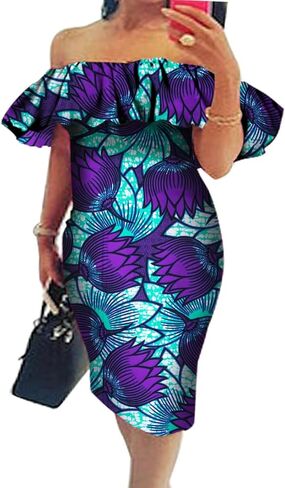 iooiooi Africa Dresses for Women Dashiki Off The Shoulder African Dress Bazin Plus Size Traditional African Clothing in Kuwait