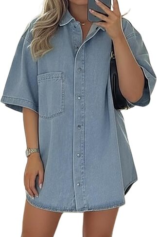 Women's Denim Shirt, Button Down Oversized Short Sleeve Jean Jackt Casual Denim Tops Outfits Trendy in Kuwait