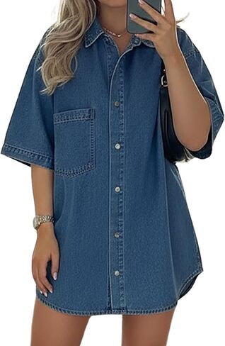Women's Denim Shirt, Button Down Oversized Short Sleeve Jean Jackt Casual Denim Tops Outfits Trendy in Saudi Arabia