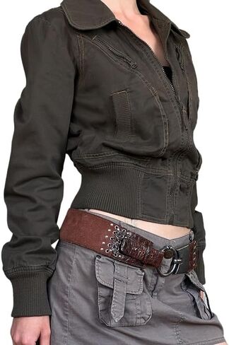 Women's casual crop top jacket zipper retro lightweight lapel jacket zipper waist cinching short jacket in Kuwait