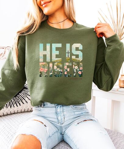 Olive Loves Apple He Is Risen Christian Sweatshirt for Women - Floral Easter Faith Crewneck in Saudi Arabia