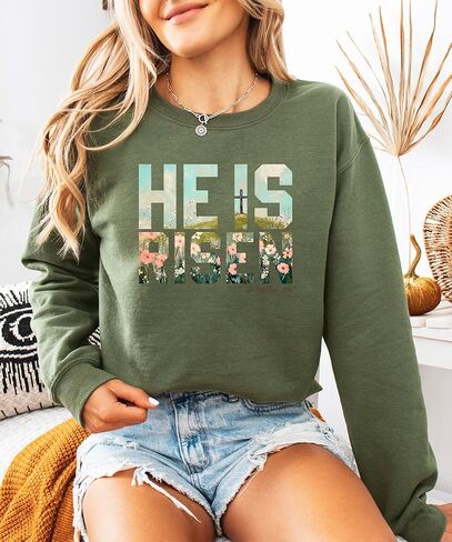 Olive Loves Apple He Is Risen Christian Sweatshirt for Women - Floral Easter Faith Crewneck in Saudi Arabia