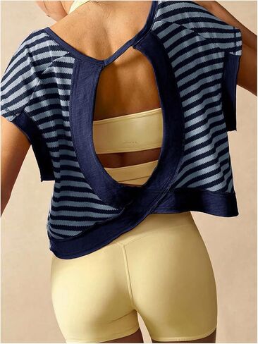Floerns Women's Open Back Workout Top Striped Short Sleeve Gym Athletic Running Tees in Saudi Arabia