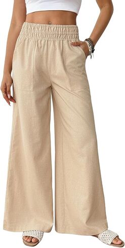 Bsubseach Linen Palazzo Pants for Women Cotton Casual Wide Leg Pants Woman Elastic Waist Summer Trousers with Pockets in Saudi Arabia