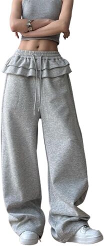 CUTEGAL Y2k سروال رياضي فضفاض قابل للطي للاستراحة مكشكش الخصر برباط واسع الساق سروال رياضي غير رسمي ملابس الشارع in Kuwait