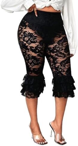 Women's Plus Size Lace Ruffle Layered Capri Pants High Waisted Sheer Cropped Leggings Trousers in Kuwait