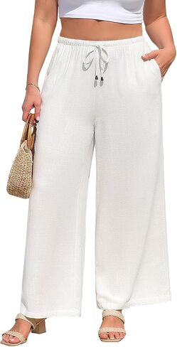 Women Plus Size Linen Palazzo Pants Summer High Waist Wide Leg Trousers Casual Boho 2026 Beach Travel Vacation Outfits in Kuwait