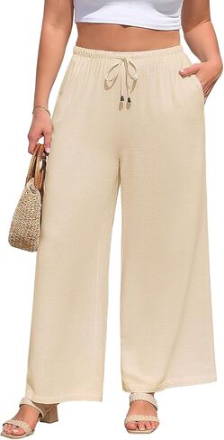 Women Plus Size Linen Palazzo Pants Summer High Waist Wide Leg Trousers Casual Boho 2026 Beach Travel Vacation Outfits in Saudi Arabia
