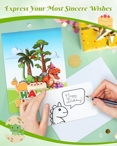 بطاقات عيد ميلاد موسيقية على شكل ديناصور من D4DREAM للأطفال - موسيقى شمعة قابلة للنفخ وبطاقة تهنئة عيد ميلاد سعيد ثلاثية الأبعاد مع مظروف، إدراج فارغ - هدية عيد ميلاد بموضوع دينو للأولاد والبنات in Kuwait