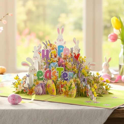 HEARTAGS- Happy Easter Pop Up Card with Envelope, 6x8 in Pop Up Easter Card For Kids, Family, Adults, Funny Rabbit Flower Popup in Kuwait