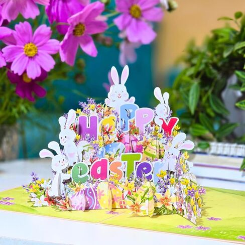 HEARTAGS- Happy Easter Pop Up Card with Envelope, 6x8 in Pop Up Easter Card For Kids, Family, Adults, Funny Rabbit Flower Popup in Kuwait