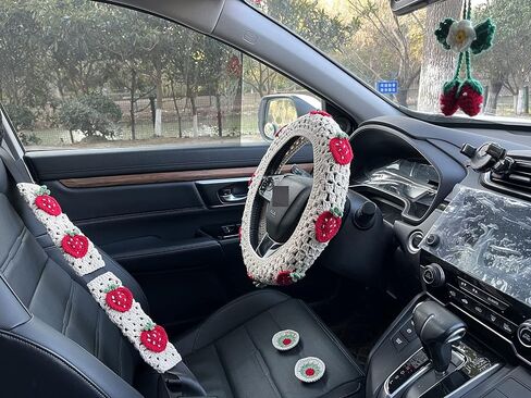 Handmade Crochet Strawberry Steering Wheel Cover Universal 14-15 inch for Women and Men (Wheel Cover+2belt Cover+2coaster+Strawberry) in Kuwait