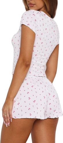 Dressmine النساء منامة مجموعة 2 قطعة مجموعات عادية 2026 الصيف PJ السراويل لطيف مجموعة ملابس Y2k قصيرة الأكمام بلايز صالة وتتسابق in Kuwait