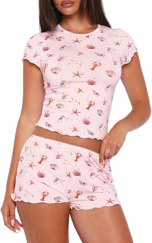 Dressmine النساء منامة مجموعة 2 قطعة مجموعات عادية 2026 الصيف PJ السراويل لطيف مجموعة ملابس Y2k قصيرة الأكمام بلايز صالة وتتسابق in Kuwait